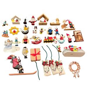 Vtg kitschy 70s plush Wooden felt ceramic Christmas Tree Ornament lot‎ 32 taiwan